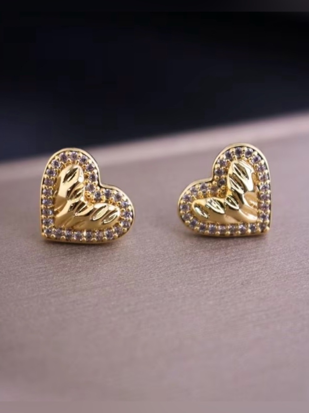 Gold Heart Crystal Halo Stud Earrings - Women's Fashion Jewelry - Picture 3 of 4